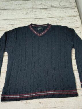 Sean John Sweaters Mens Cable Knit V-Neck Sweater Navy Blue Maroon Striped Trim